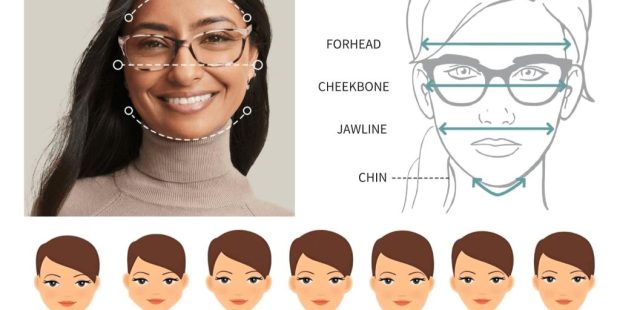 Illustration of different face shapes with a face shape analyzer tool showing hairstyle and glasses suggestions