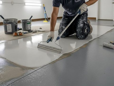 Worker applying epoxy coating to repaired garage floor using roller and squeegee