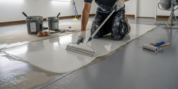 Worker applying epoxy coating to repaired garage floor using roller and squeegee