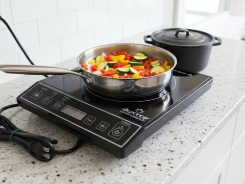 Induction cooktop on kitchen counter with pots