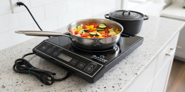 Induction cooktop on kitchen counter with pots