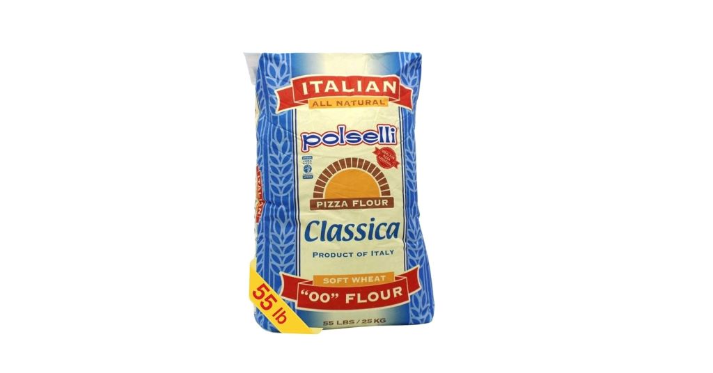 Close-up of Polselli Classica 00 flour with dough and rolling pin ready for baking.