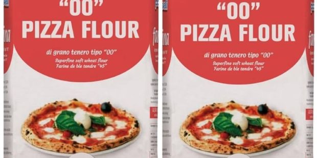 Bag of Polselli Classica 00 flour on a wooden countertop with fresh ingredients for baking.