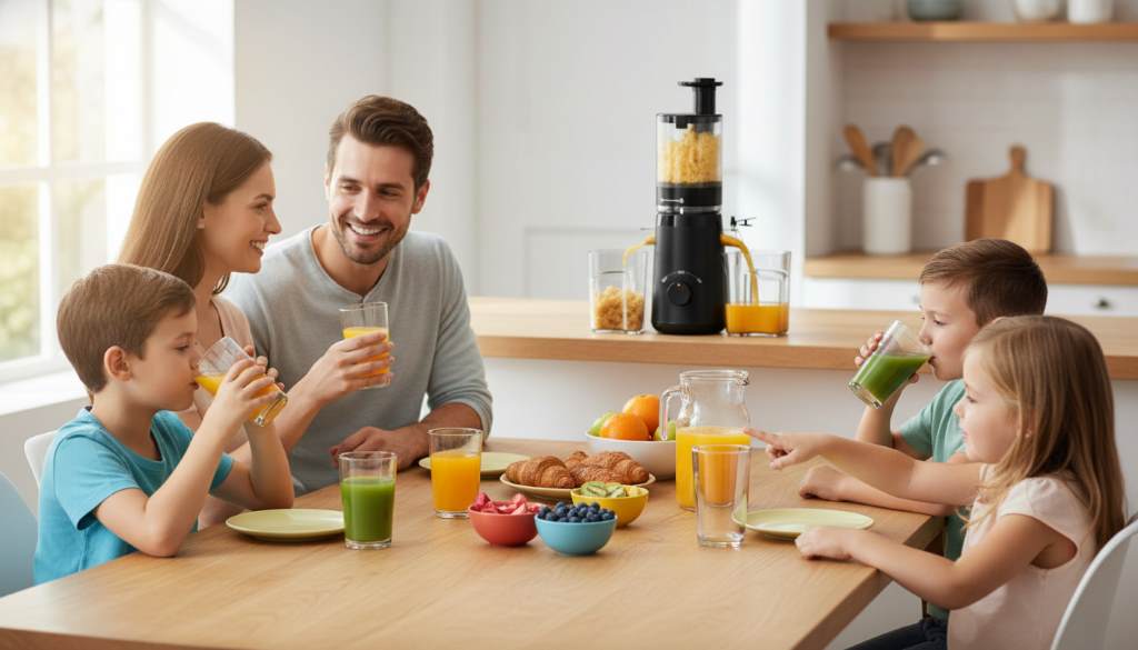 Family enjoying fresh homemade cold press juices at breakfast table
