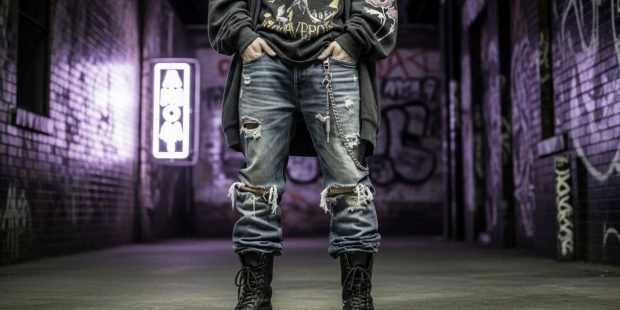 Black combat boots styled with distressed jeans and oversized hoodie representing opium fashion aesthetic