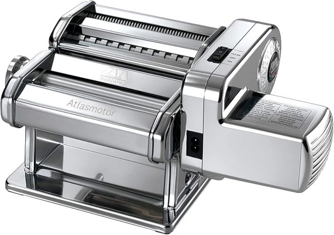 Marcato Atlasmotor electric pasta machine on a home kitchen counter for easy pasta making.