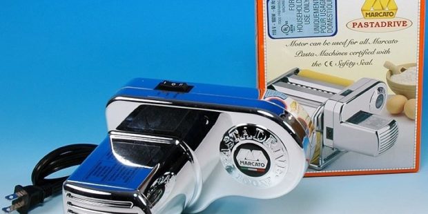 Fresh pasta being prepared with the Marcato Atlasmotor electric pasta machine at home.