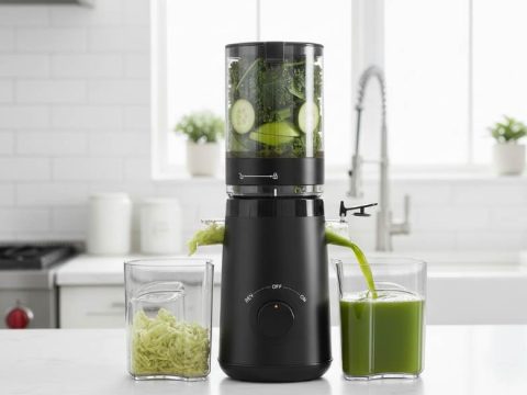 Modern cold press juicer extracting vibrant green juice in bright kitchen