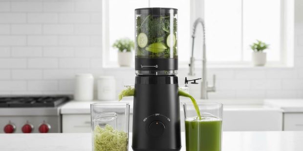 Modern cold press juicer extracting vibrant green juice in bright kitchen