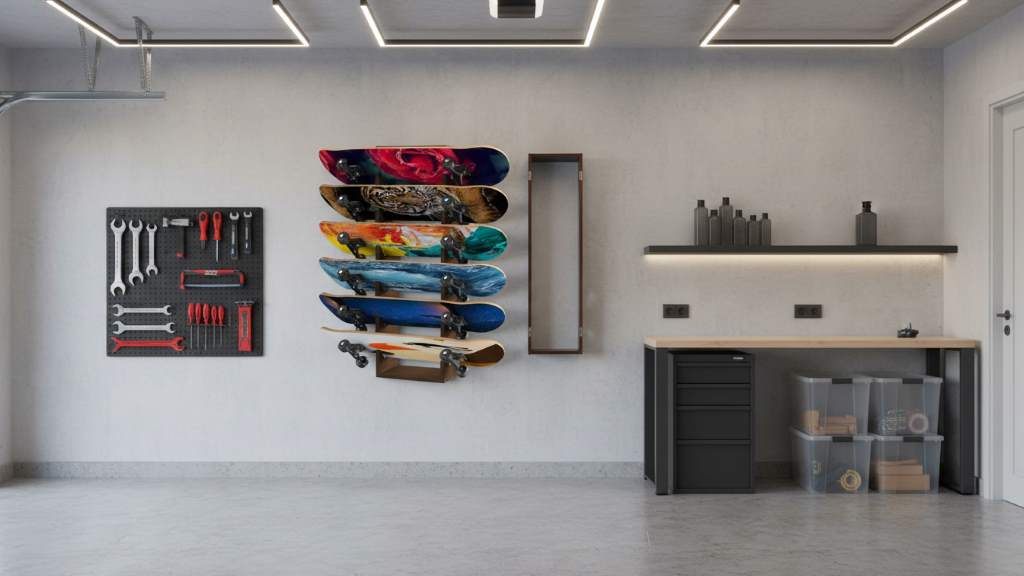 Modern garage setup featuring a 5-layer rack transforming cluttered skateboards into an organized, stylish display