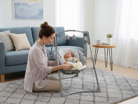 Mother placing newborn in compact baby swing in small modern living room