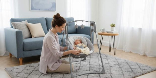 Mother placing newborn in compact baby swing in small modern living room