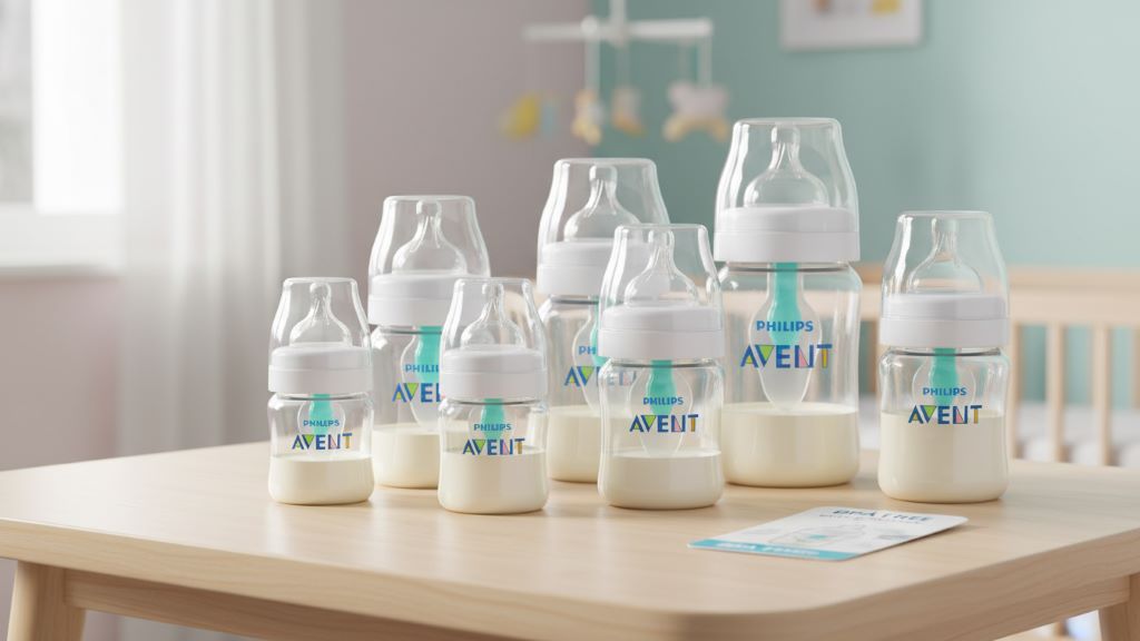 Philips Avent bottles in various sizes on a clean nursery table, showcasing BPA-free materials and easy-clean design