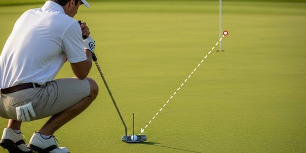 golfer aligning putter using golf alignment aids on putting green