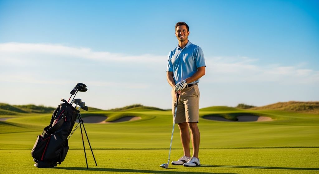 A smiling beginner golfer holding a club on a sunny course, with a starter gear bag nearby and a clear blue sky in the background