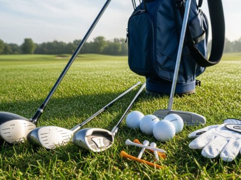 A complete beginner golf kit laid out on green grass, including entry level golf clubs, a stand bag, golf balls, tees, and a glove, ready for a first round in 2026