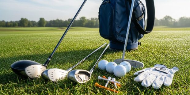 A complete beginner golf kit laid out on green grass, including entry level golf clubs, a stand bag, golf balls, tees, and a glove, ready for a first round in 2026