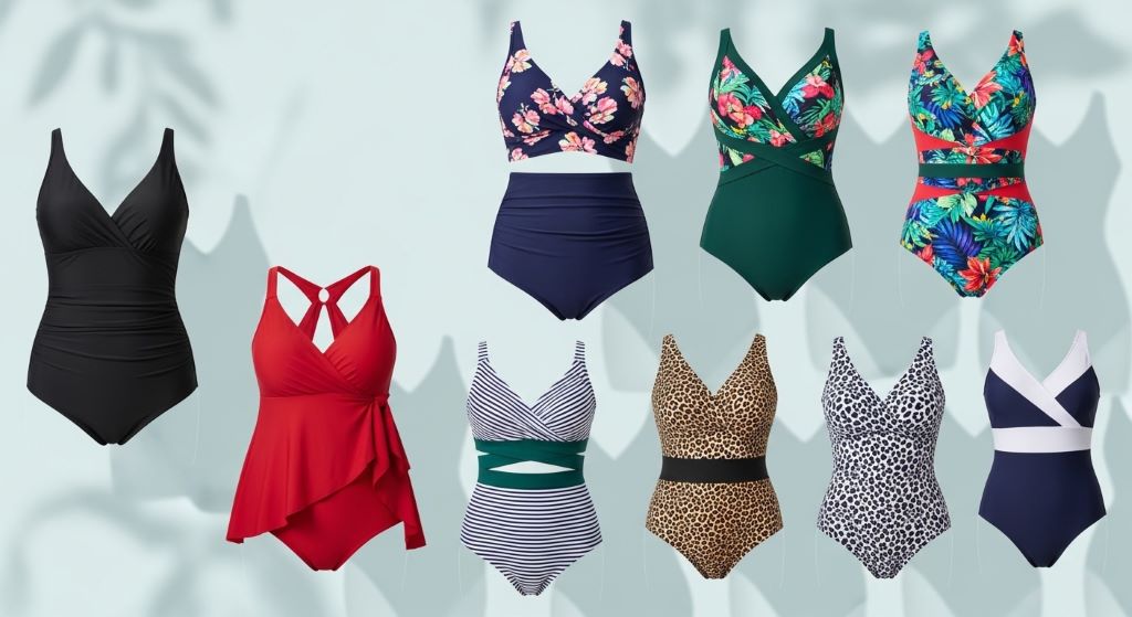 Collection of slimming swimwear styles for women featuring tummy control designs
