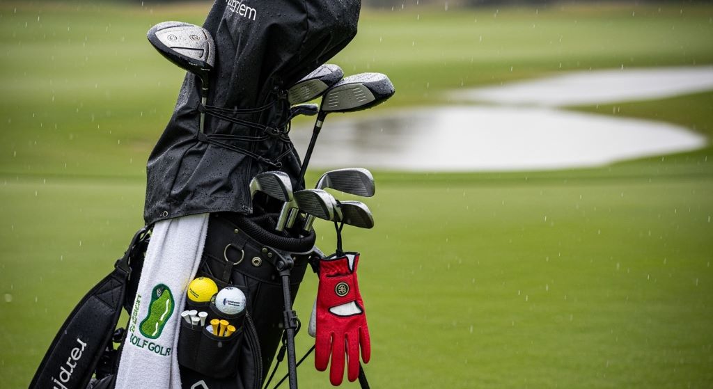 golf bag with rain cover and accessories on wet course