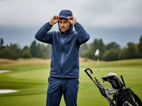 golfer preparing waterproof golf gear in rainy conditions