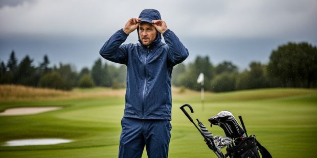 golfer preparing waterproof golf gear in rainy conditions