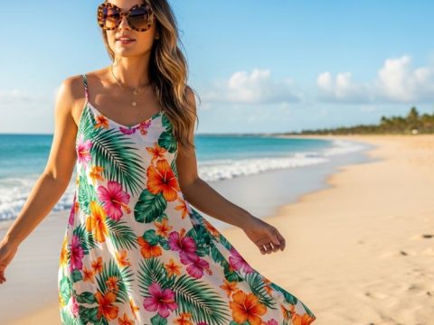 A woman wearing a flowy floral sundress and oversized tortoiseshell sunglasses standing on a sunny beach