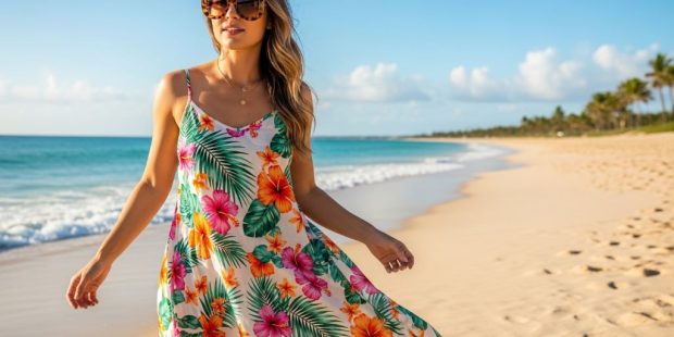 A woman wearing a flowy floral sundress and oversized tortoiseshell sunglasses standing on a sunny beach