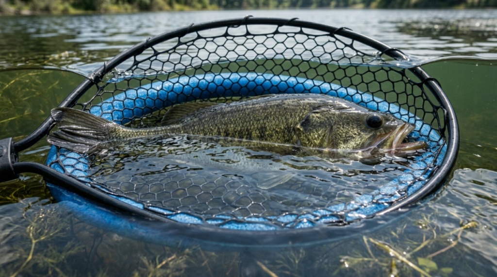 Kayak fisherman landing bass with floating landing net