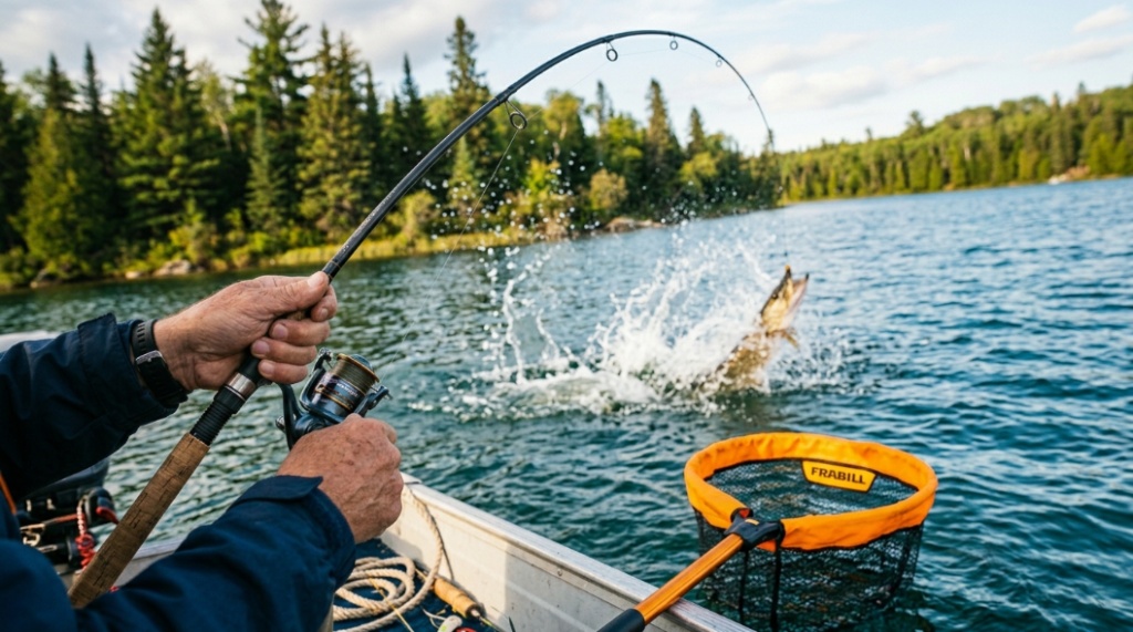 Catch and release trout fishing net with rubber mesh beside stream