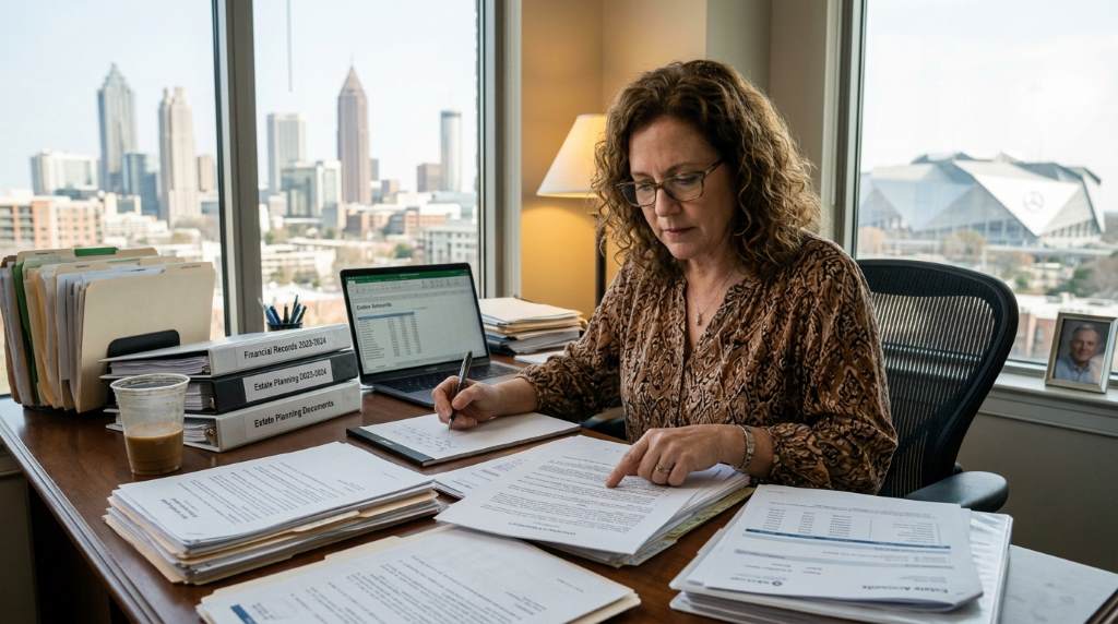 Executor organizing probate paperwork and property records inside an Atlanta home office