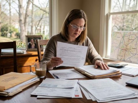 Family reviewing legal estate documents at a dining table in Atlanta Georgia after a financial loss