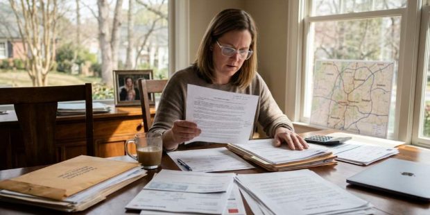 Family reviewing legal estate documents at a dining table in Atlanta Georgia after a financial loss