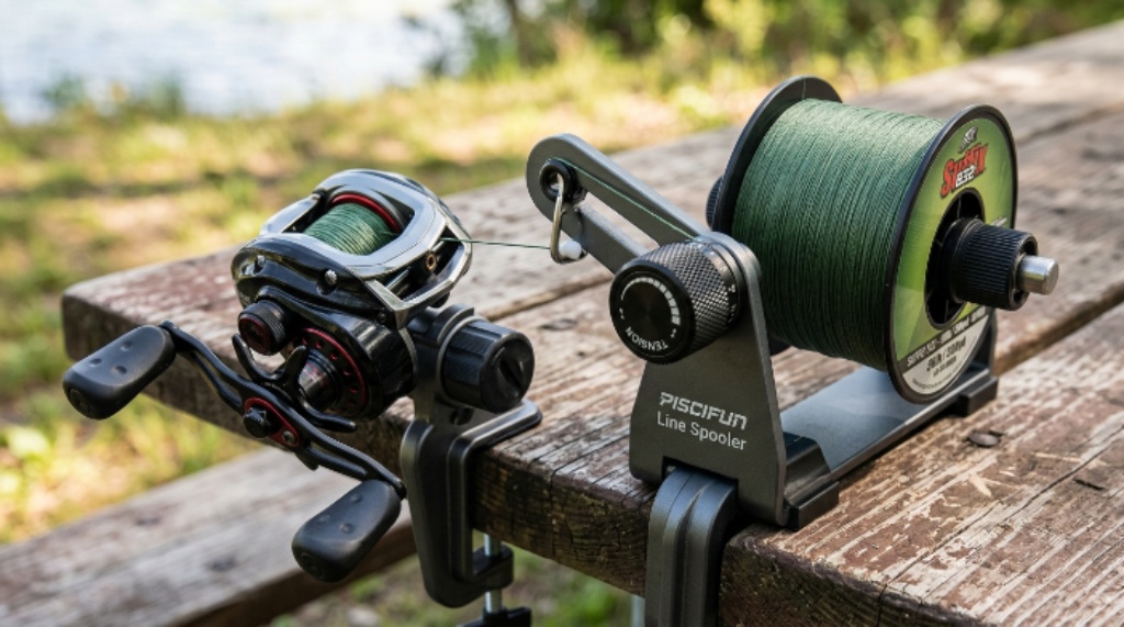 Close-up of a portable fishing line spooler kit with adjustable tension arm and a baitcasting reel on a table