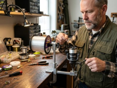 An angler using a clamp-on fishing line spooler tool to load monofilament onto a spinning reel at a workbench