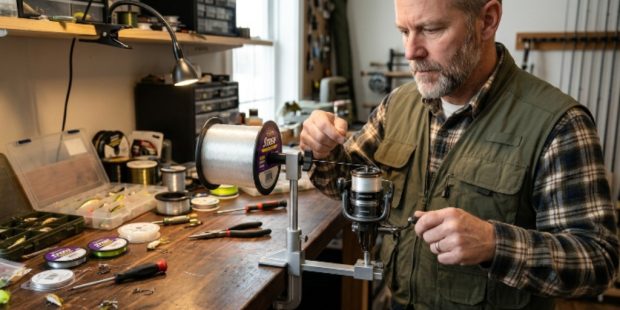 An angler using a clamp-on fishing line spooler tool to load monofilament onto a spinning reel at a workbench