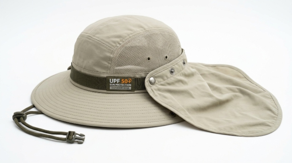 Close-up of a full coverage fishing hat with UPF 50+ label and removable neck flap on a white background