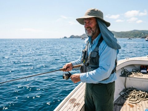 An angler wearing a wide brim fishing hat with a neck flap while standing on a sunny boat deck