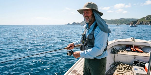 An angler wearing a wide brim fishing hat with a neck flap while standing on a sunny boat deck
