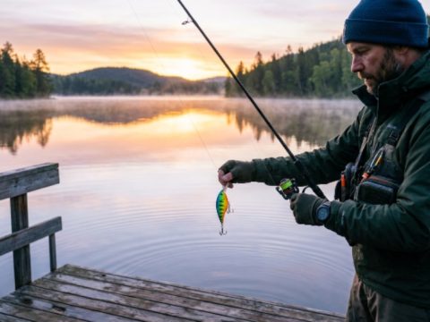 An angler holding a colorful fishing lure over a calm lake at sunrise, preparing to cast