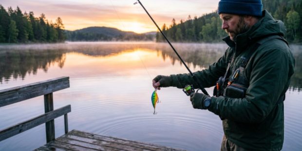 An angler holding a colorful fishing lure over a calm lake at sunrise, preparing to cast