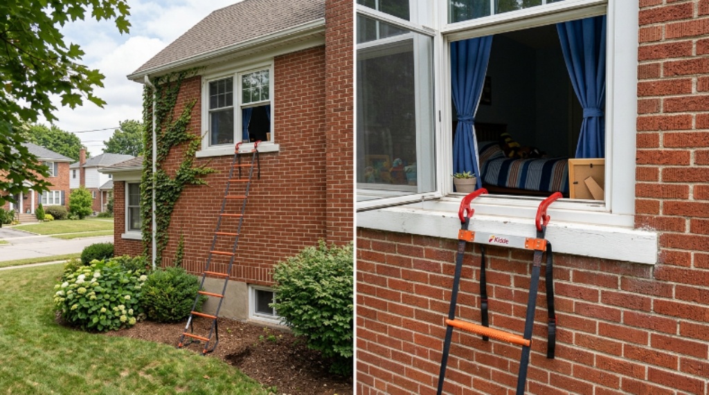 A window escape ladder attached to a second-floor bedroom window sill ready for emergency use
