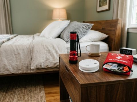 A bedside table with a flashlight, smoke detector, and small emergency kit set up for bedroom safety