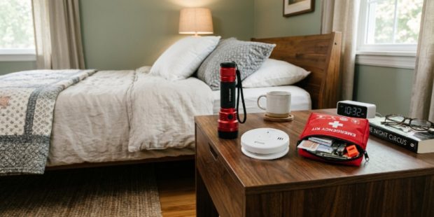 A bedside table with a flashlight, smoke detector, and small emergency kit set up for bedroom safety
