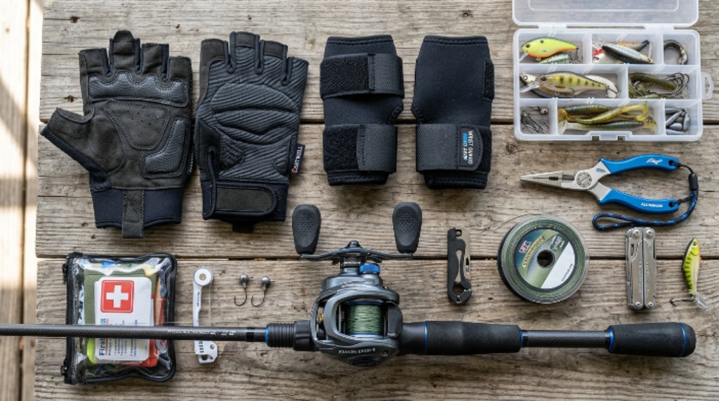 A fishing gear flat lay showing anti-fatigue accessories including padded gloves, wrist support, and an ergonomic reel