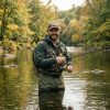 An angler holding an ergonomic fishing rod with a foam grip while standing in a calm river