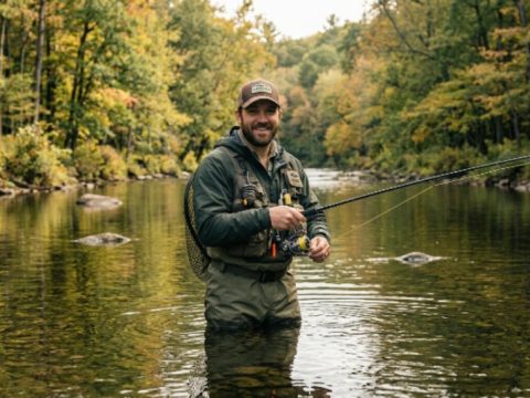 An angler holding an ergonomic fishing rod with a foam grip while standing in a calm river