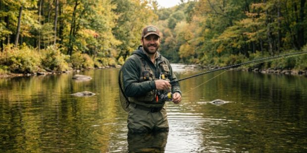 An angler holding an ergonomic fishing rod with a foam grip while standing in a calm river