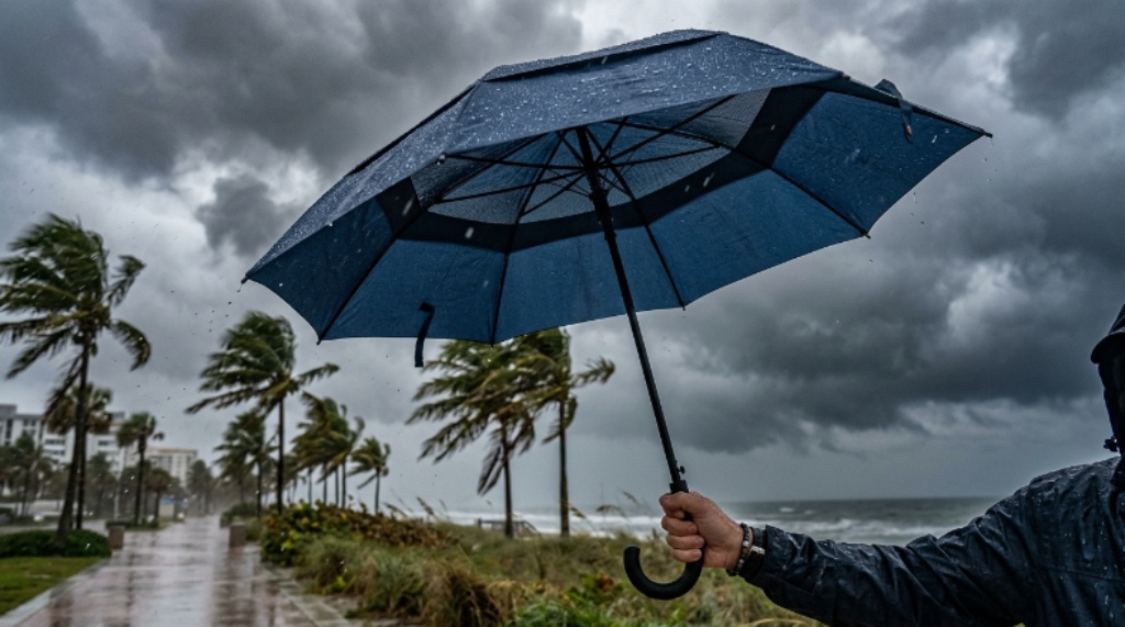 Close-up of a double canopy anti-flip umbrella open against a stormy Florida sky with palm trees in the background