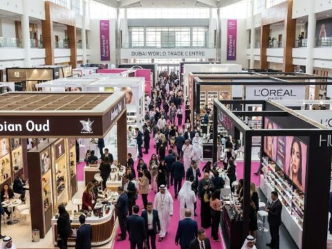 Trade visitors exploring cosmetics and fragrance exhibitor booths at Beautyworld Middle East 2026 inside the Dubai World Trade Centre