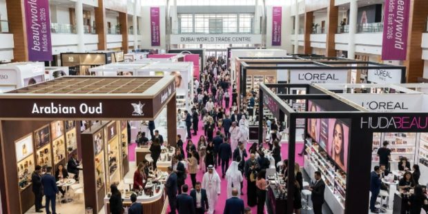 Trade visitors exploring cosmetics and fragrance exhibitor booths at Beautyworld Middle East 2026 inside the Dubai World Trade Centre